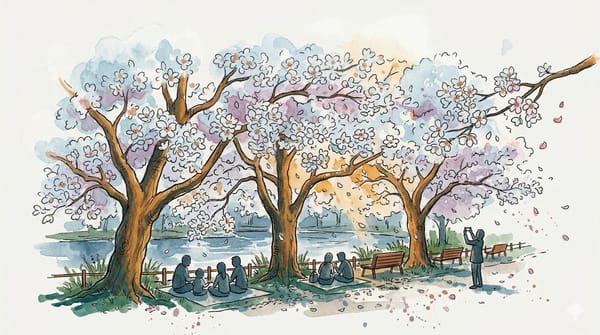 Watercolor illustration of cherry blossom trees in a Japanese park with families sitting beneath and a person photographing the blooms