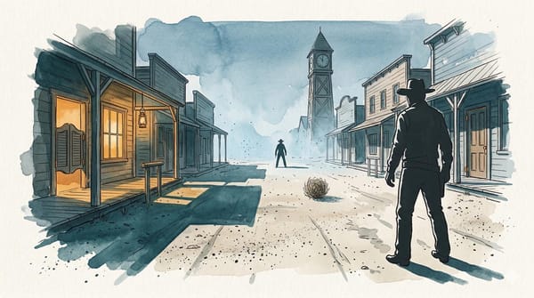 Watercolor illustration of a western standoff on a dusty town street
