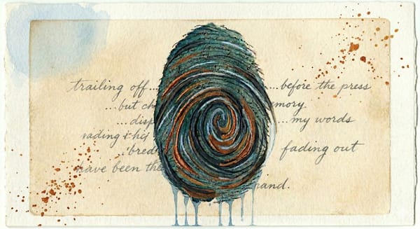 A stylized fingerprint made of cursive handwriting whorls in deep teal watercolor on an aged copper-toned booking card