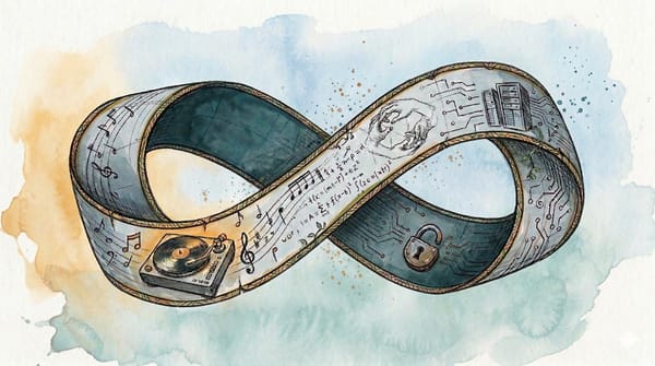 Watercolor and ink Möbius strip carrying musical notation, mathematical formulae, Escher-like hands, a record player, and circuit traces — illustrating Hofstadter's strange loops