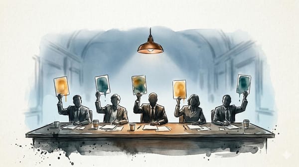 Watercolor illustration of five silhouetted judges holding up scorecard cards with abstract teal and amber washes