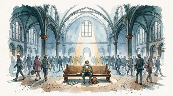 Watercolor illustration of a lone reader on a bench in a grand train station, bathed in a shaft of amber light while blurred commuters stream past