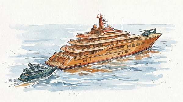 Watercolor illustration of a yacht approaching a megayacht on open ocean