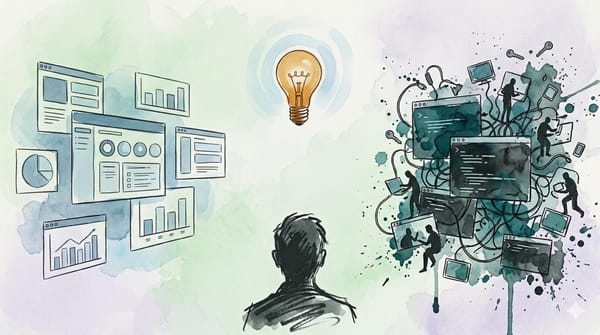 Watercolor: person facing BI dashboards on left, lightbulb gap center, chaotic agent terminals on right