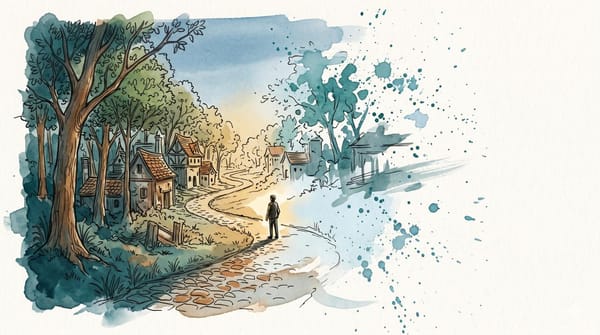 Watercolor illustration of a landscape being generated in real time, a figure at the boundary between a rendered world and blank paper