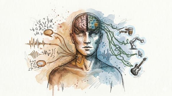 Watercolor illustration showing a human head with two pathways — a neck sensor connecting to speech on the left, and neural implants connecting to movement on the right
