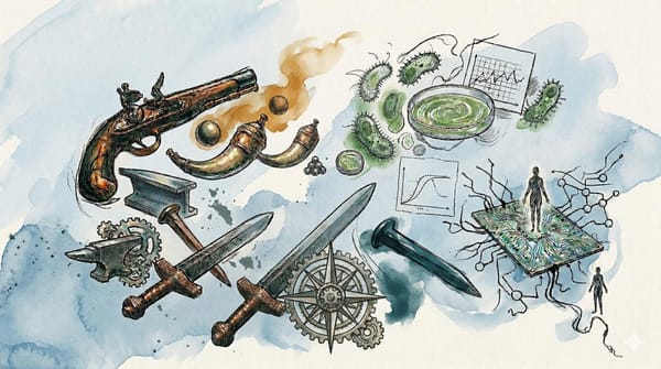 Watercolor and ink illustration of gunpowder, germ, steel, and AI objects floating in space