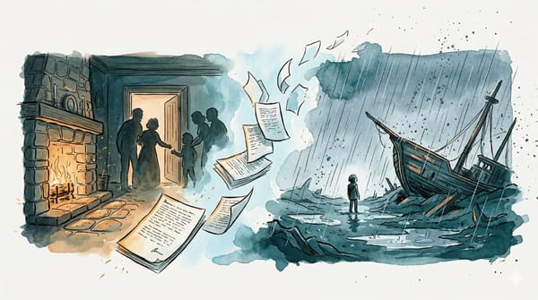 Split watercolor illustration: warm hearth with welcoming figures on the left, lone figure in rain beside wreckage on the right, with pages drifting between the two scenes