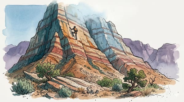Watercolor illustration of a small robotic figure climbing a steep desert cliff face with layered sandstone strata, sagebrush at the base, and purple mountains in the distance