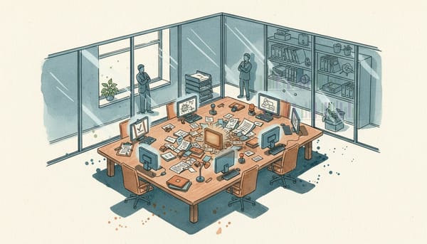 Watercolor illustration of five AI workstations around a conference table. Handoff papers cover the desk, with bookshelves behind glass.