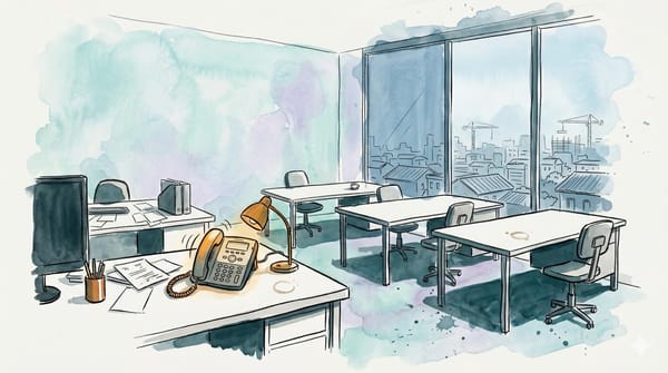 Watercolor office scene with empty desks, a ringing desk phone, amber lamp, and a pale city skyline through tall windows.