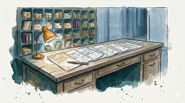 Watercolor illustration of a desk covered with receipts and marked papers, with a lamp and shelves of documents behind it.