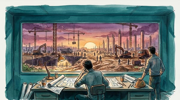 Watercolor illustration of a figure hunched over blueprints in a construction trailer, looking out at a chaotic, nascent building site