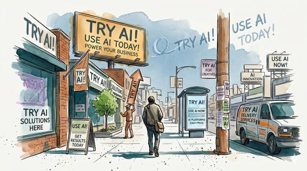 Watercolor illustration of a person walking through a street overwhelmed by signs and screens all demanding attention