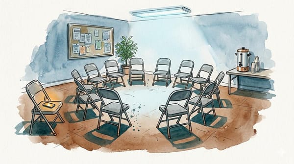 Watercolor illustration of an empty community room. Folding chairs sit in a circle, with one phone glowing on a chair near a coffee urn and bulletin board.