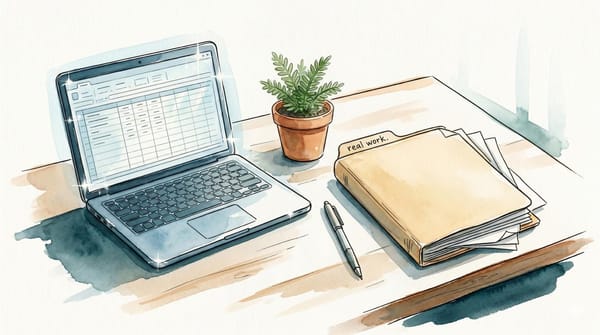Watercolor illustration of a desk with a laptop spreadsheet, potted plant, pen, and thick folder labeled real work in soft afternoon light.
