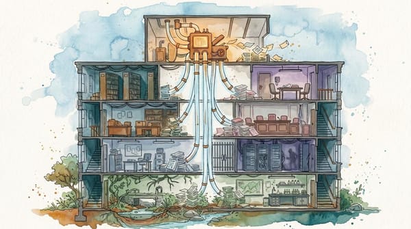 Watercolor cutaway of a four-floor records office. An amber AI machine sends papers through tubes to backlogged institutional floors.