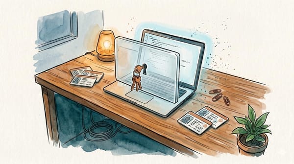 Watercolor illustration of a laptop on a desk blocked by a translucent access gate, with keys, ID cards, lamp, plant, and code on screen.