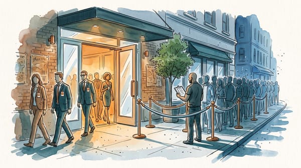 Watercolor illustration of a nightclub entrance. Badged guests walk inside while a bouncer holds a clipboard by a velvet rope and a long public line waits outside.