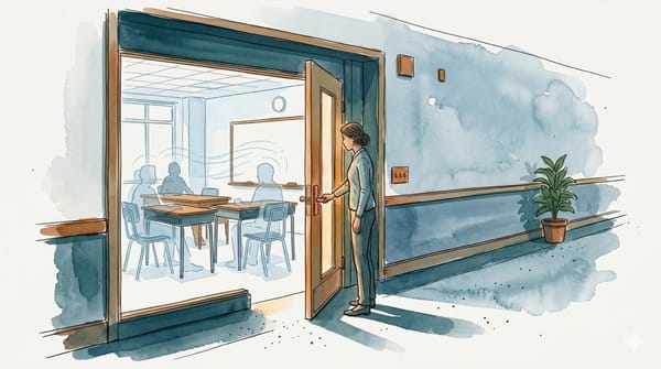 Watercolor illustration of a woman pausing at an open office doorway, with ghostly rehearsal figures seated around a table inside.