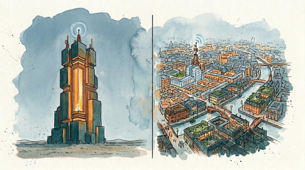 Watercolor diptych contrasting a single monolithic AI tower with a sprawling city-scale network of many digital minds and institutions.