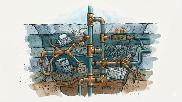 Watercolor cutaway of buried automation pipes, wires, valves, office machines, spreadsheets, and circuit boards beneath the ground.