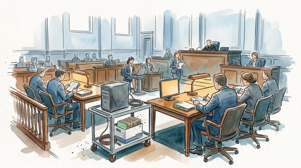 Watercolor courtroom sketch of a federal hearing with lawyers, judge, legal papers, and an evidence cart holding a server tower and cables.