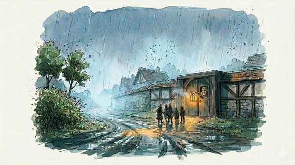 Watercolor illustration of a rainy village gate at night. A gatekeeper peers through a lantern-lit hatch in a timber gate as four hooded travelers wait on the wet road.
