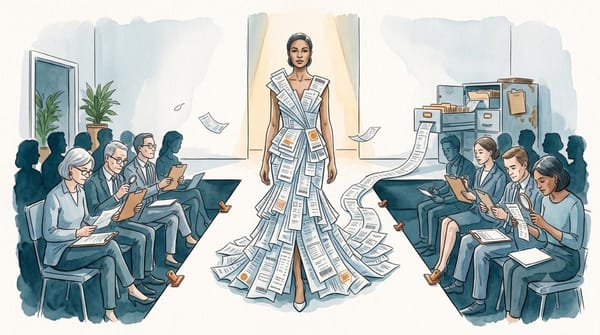 Watercolor illustration of a poised model walking a catwalk in a dress made from receipts and forms while seated judges inspect the paperwork with clipboards and magnifying glasses.