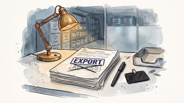 Watercolor illustration of a records-office desk. A document stamped EXPORT covers a crossed-out ACCESS stamp, with server lights behind glass.