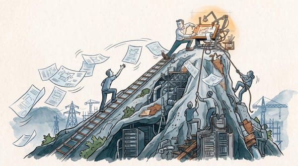 A researcher defends a self-improving machine at the top of a mountain as challengers climb and technical plans scatter down the slopes.
