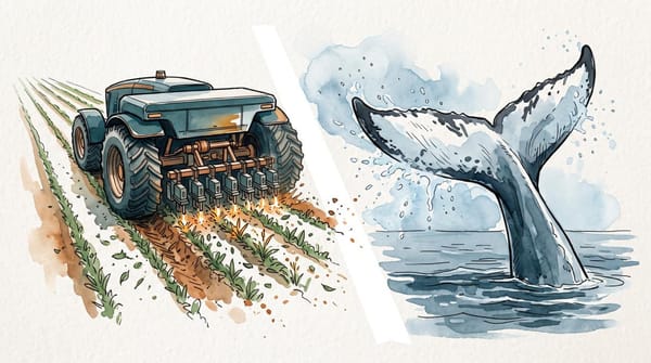 Watercolor illustration split diagonally between an autonomous laser-weeding tractor in crop rows and a humpback whale tail rising from the ocean.