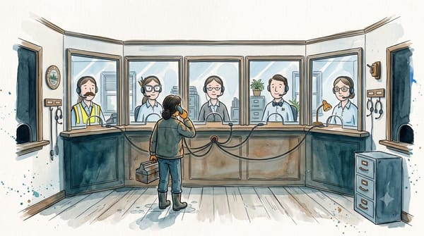 Five municipal service windows staffed by the same clerk in different departmental disguises.