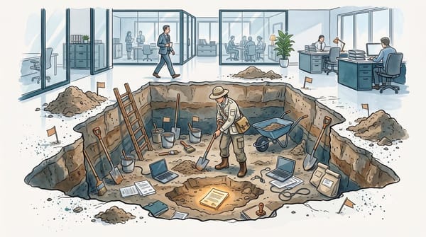 Watercolor illustration of an archaeologist excavating laptops and records from a deep pit in the floor of a clean, occupied corporate office.