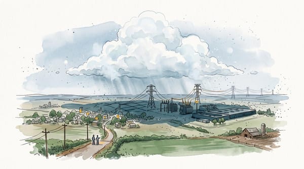 Watercolor illustration of a cumulus cloud casting the shadow of power lines, a substation, and a data-center campus across a rural town.