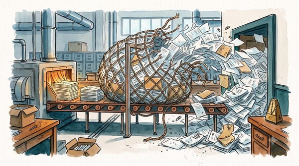 Watercolor factory-office scene: a glowing document machine feeds paperwork into a broken rope net and a pile at an approval doorway.