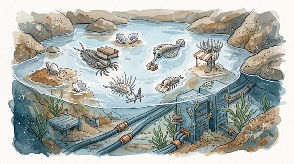 Watercolor illustration of Cambrian sea creatures running tiny businesses in a tide pool above shared underwater cables and computer infrastructure.