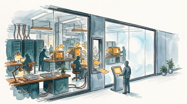 Watercolor illustration of an AI lab behind glass, with busy internal workstations feeding a simplified public kiosk in a quiet corridor.