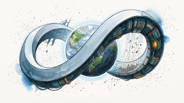 Watercolor infinity-shaped orbital machine encircling Earth, with illuminated circuitry and fine strands descending toward a city.