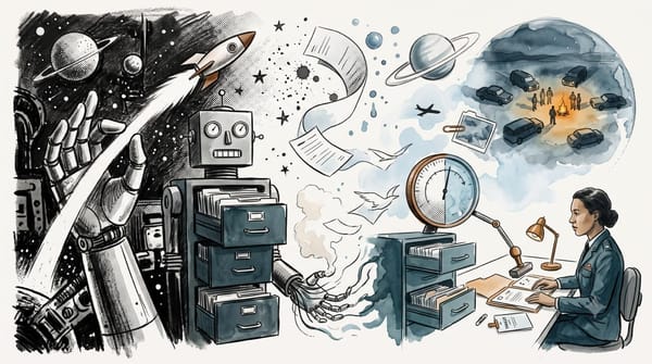 Mixed-media pulp illustration morphing from a charcoal robot, rocket, and planets into watercolor records, a concordance gauge, and Major Lena Park.