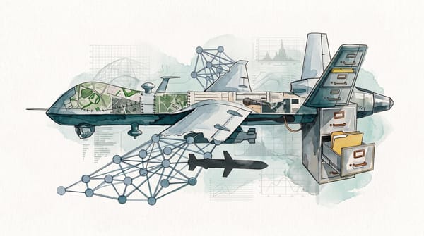 Watercolor collage of a Reaper drone fused with maps, neural-network diagrams and filing cabinets. One open drawer holds a yellow investigation folder.