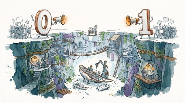 Watercolor illustration of a lively canyon between shouting 0 and 1 figures. People and machines build, draw, and work together on terraces below.