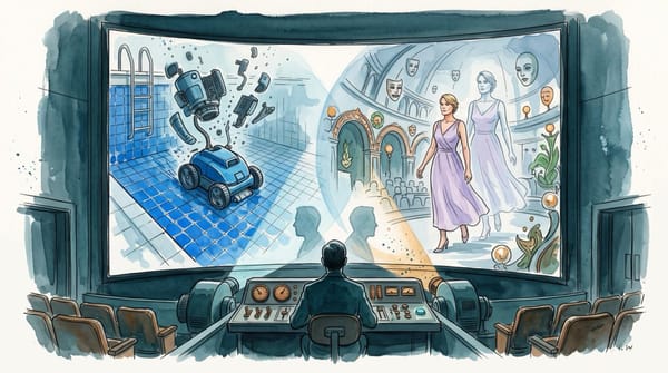 Watercolor illustration of a curator watching a blue pool-cleaning robot and an animated woman in a lavender dress projected across a curved cinema screen.