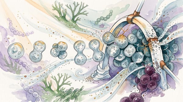 Watercolor of teal cells multiplying through a ceramic arch amid green organisms, amber light, and a neighboring purple colony.
