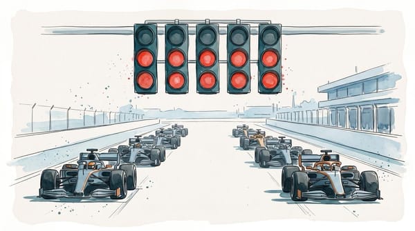 Watercolor and ink illustration of Formula 1 cars facing forward on a starting grid beneath illuminated red starting lights.