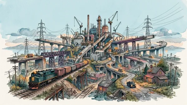 Watercolor of railways, looping highways, cranes and utility towers converging in a surreal landscape, with teal, muted violet and dusty rose details.