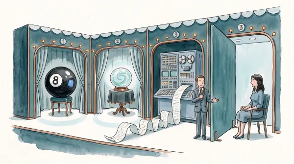 Watercolor matchmaking show with a Magic 8 Ball, crystal ball and computer in booths, a host in front, and a woman choosing from a separate booth.