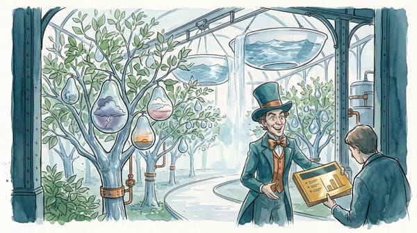 Watercolor of a visitor handing golden presentation slides to a grinning factory host, with a glass weather orchard beyond.
